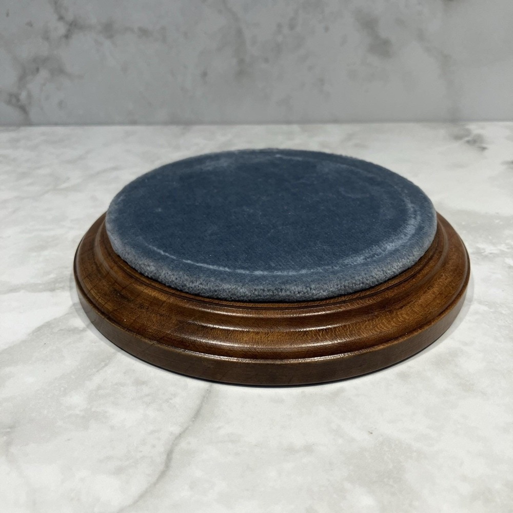 Vintage Display Stand Hand Crafted Wood Blue Velvet Figurine 5.75"